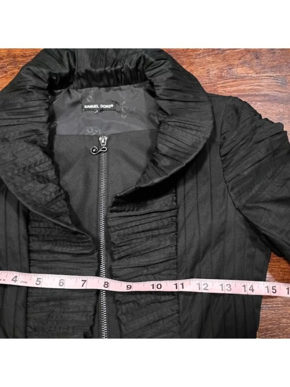 Samuel Dong Black Ruffle Front Long Coat Dress S  Pleated Skirt By Samuel Dong - Picture 5 of 16